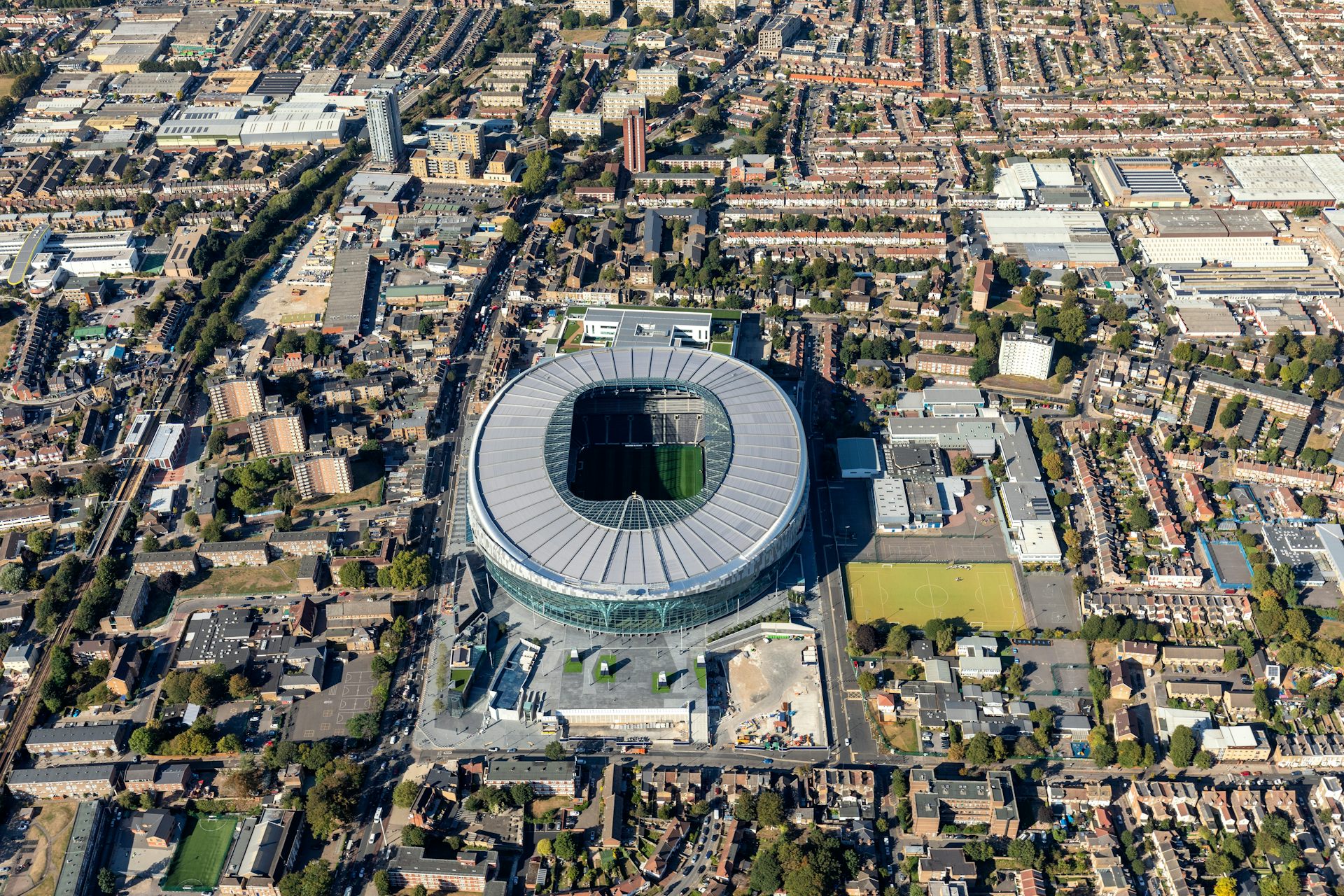 Aerial view of Tottenham Hotspur Stadium.