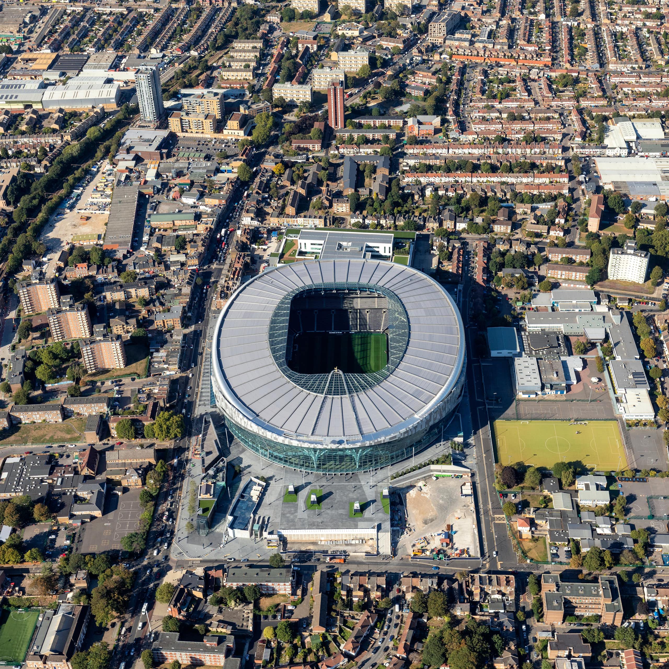 Aerial view of Tottenham Hotspur Stadium.