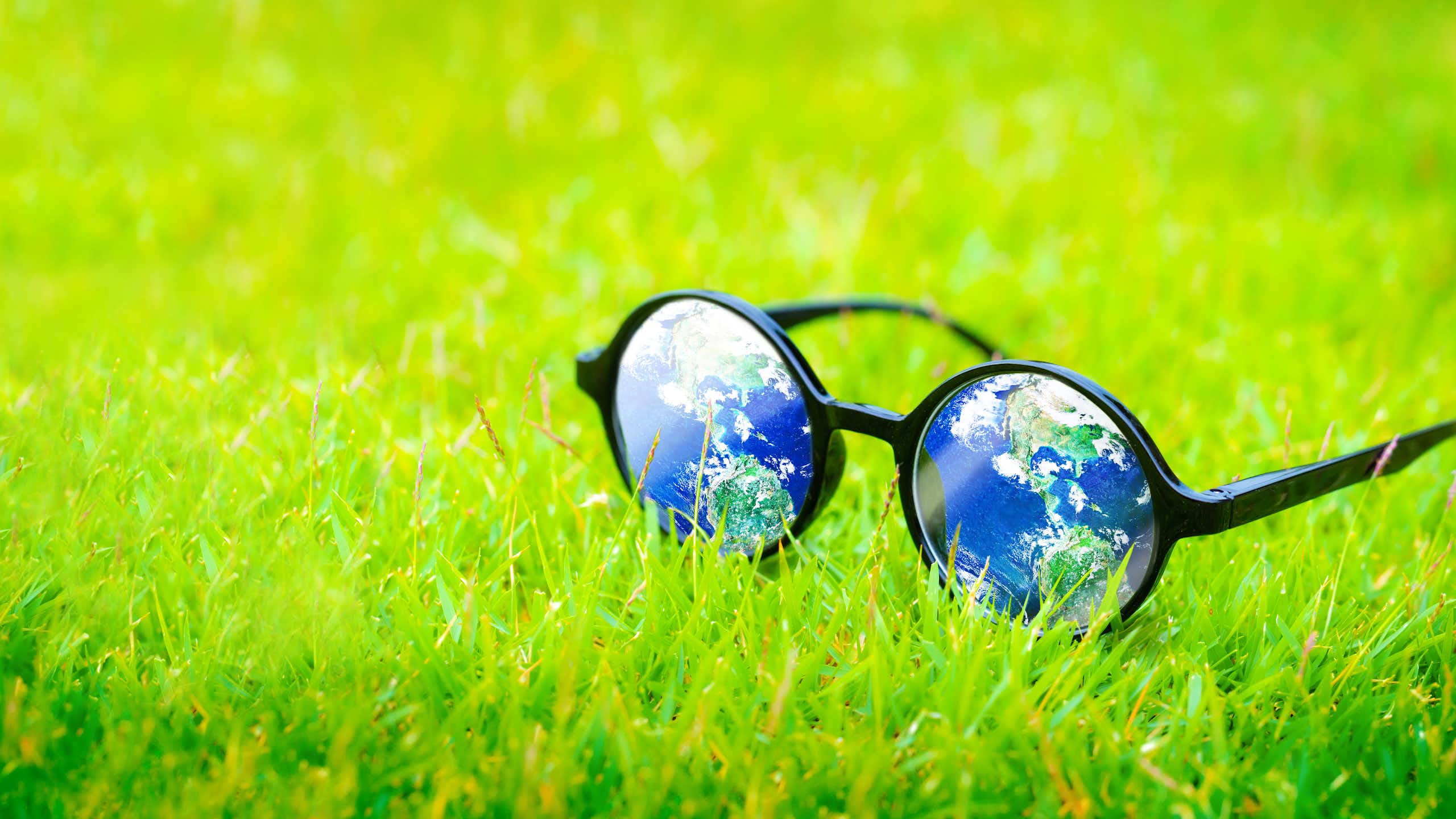 glasses with reflection of planet earth, on grass