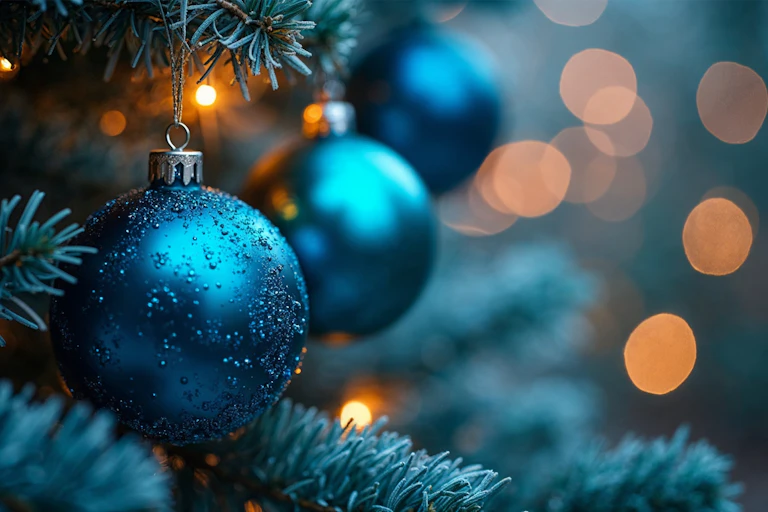 Close up of Christmas tree baubles.