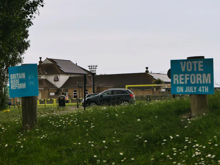 Signs reading 'vote Reform' planted on a roadside bank.