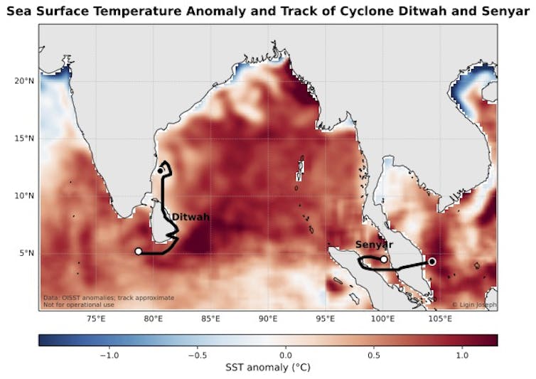 Heat oceans appear to be turning even ‘weak’ cyclones into fatal rainmakers 2 Coloured map of Indian Ocean and SE Asian seas