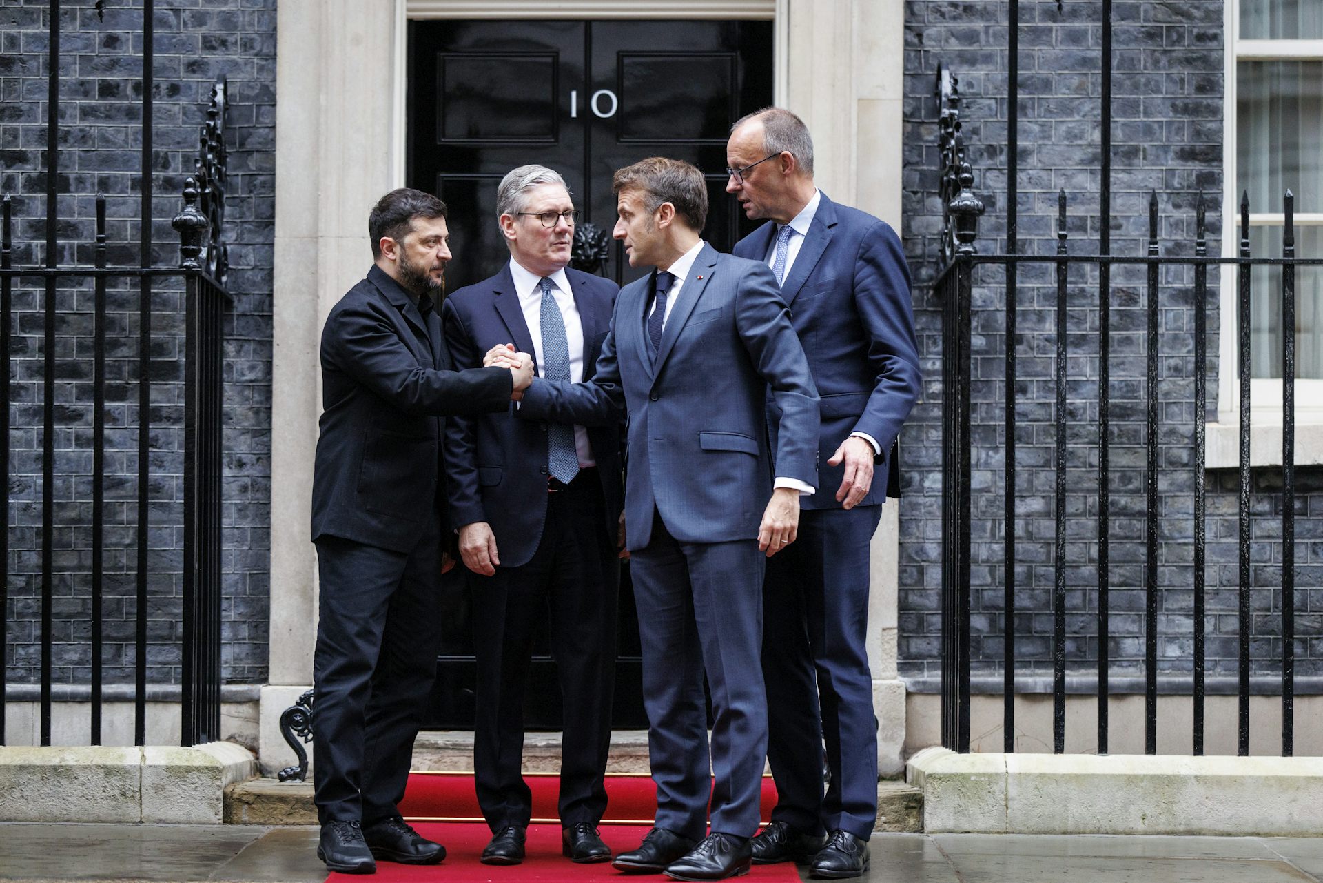 Ukraine's President Volodymyr Zelensky, British Prime Minister Keir Starmer, German Chancellor Friedrich Merz and French President Emmanuel Macron in Downing Street.