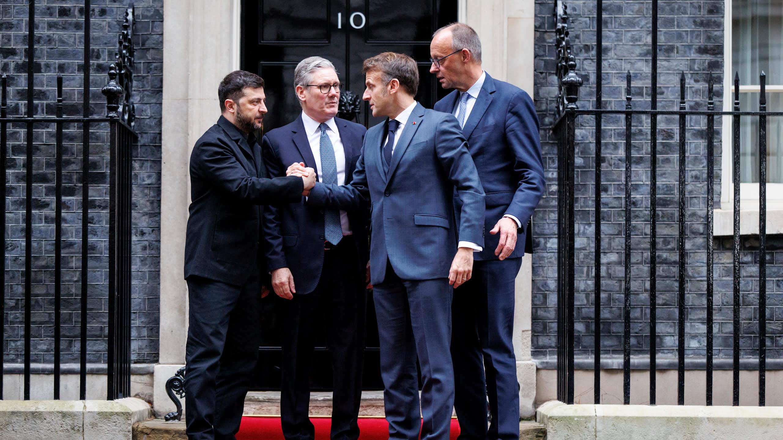 Ukraine's President Volodymyr Zelensky, British Prime Minister Keir Starmer, German Chancellor Friedrich Merz and French President Emmanuel Macron in Downing Street.