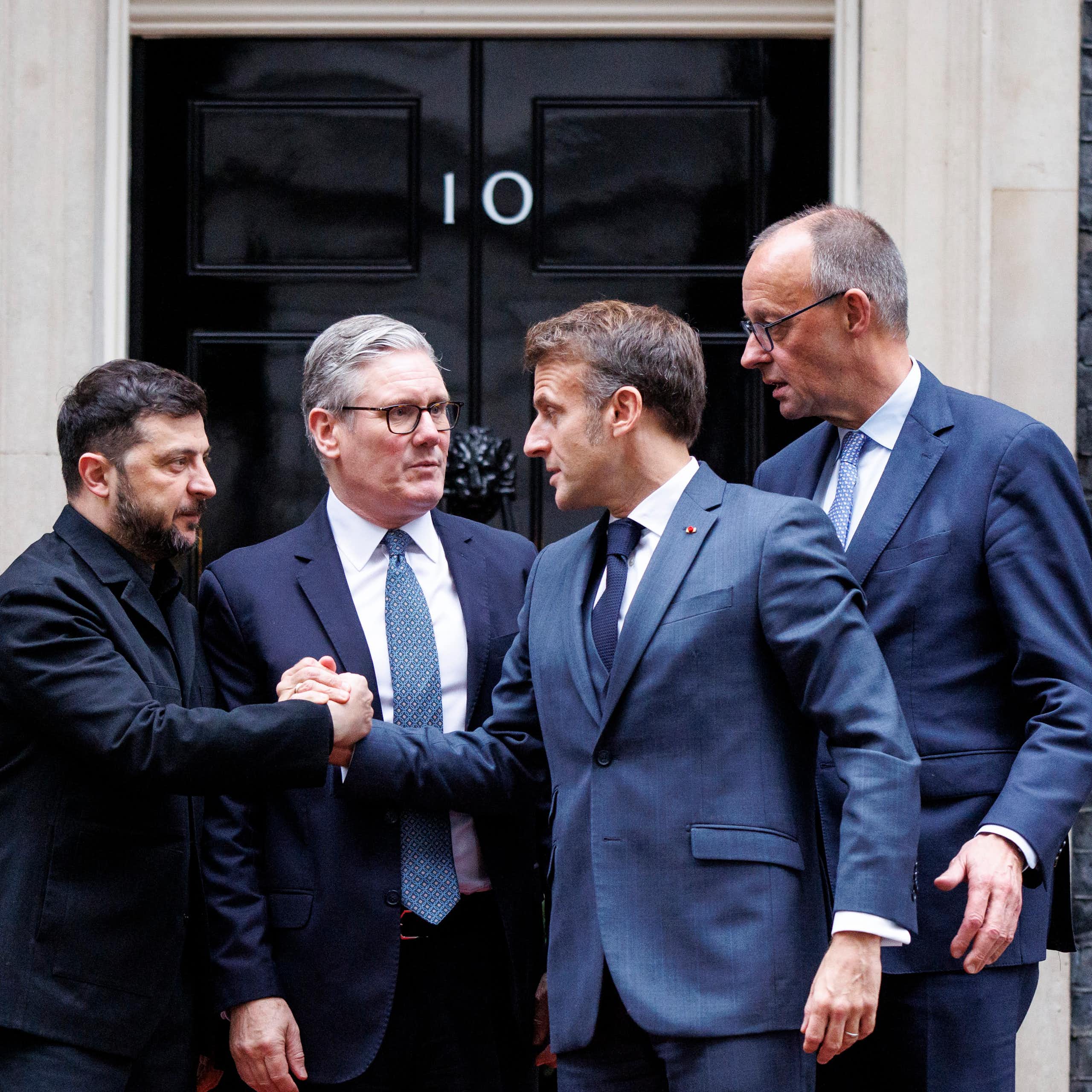 Ukraine's President Volodymyr Zelensky, British Prime Minister Keir Starmer, German Chancellor Friedrich Merz and French President Emmanuel Macron in Downing Street.