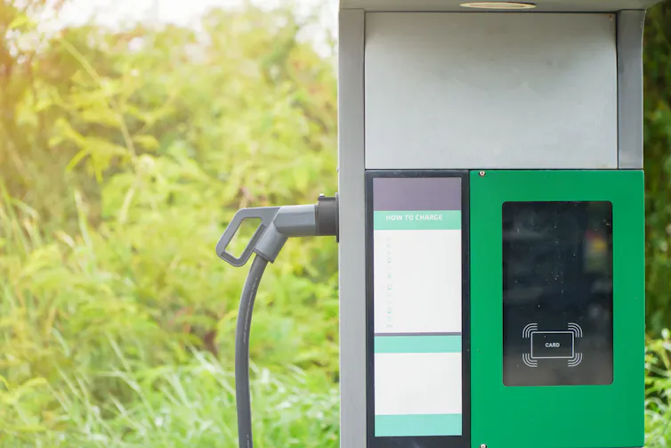 a rural ev charging point with greenery in the background.