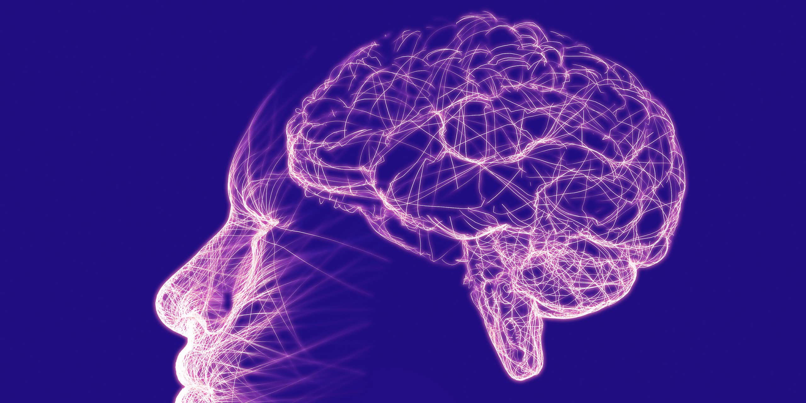 Illustration of outline of side profile and brain with glowing, spidery lines