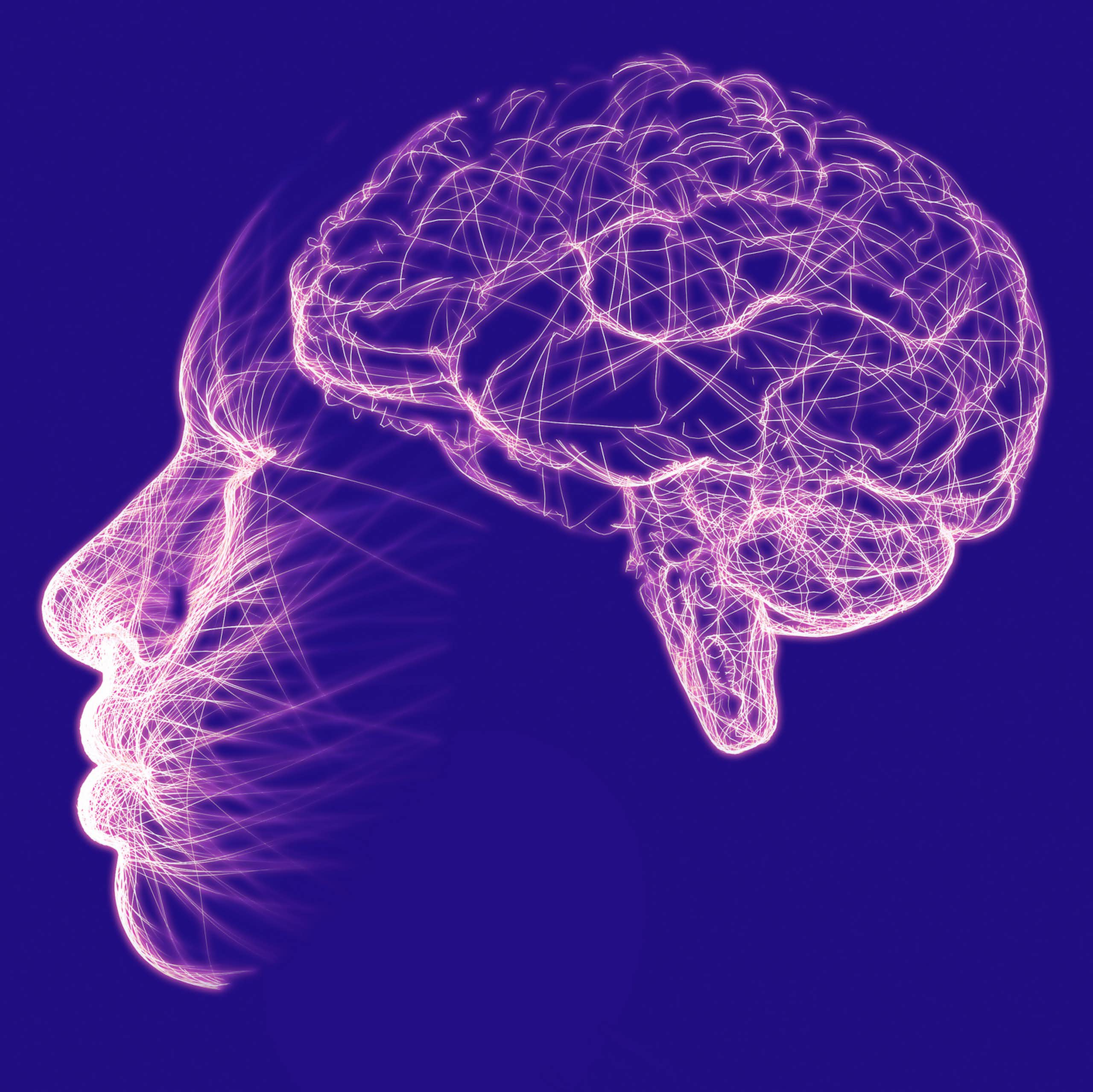 Illustration of outline of side profile and brain with glowing, spidery lines