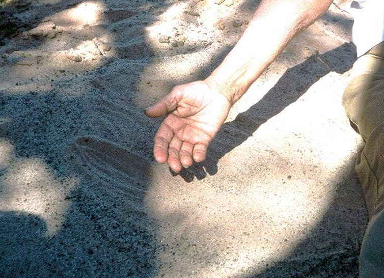 A hand over sand drawing.