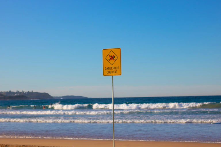 A no swimming sign on a beach