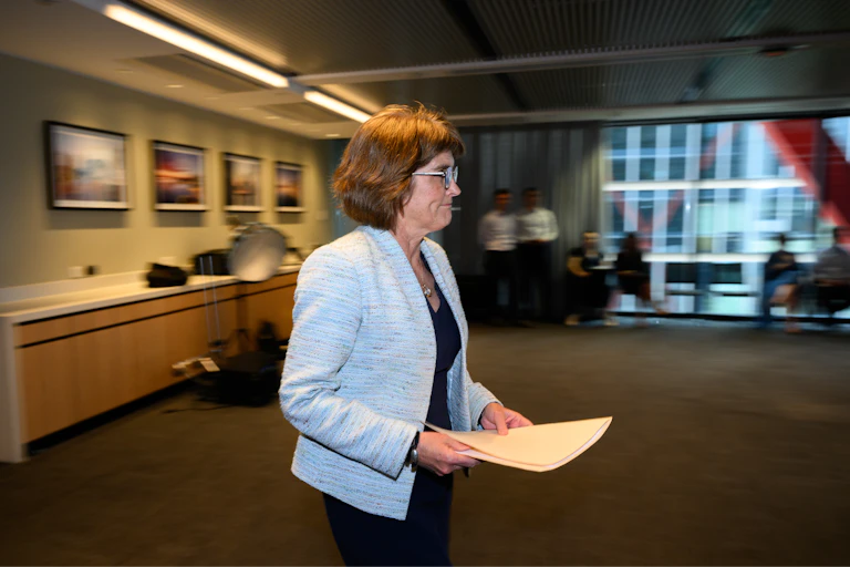 Reserve Bank of Australia (RBA) Governor Michele Bullock arrives to speak to media