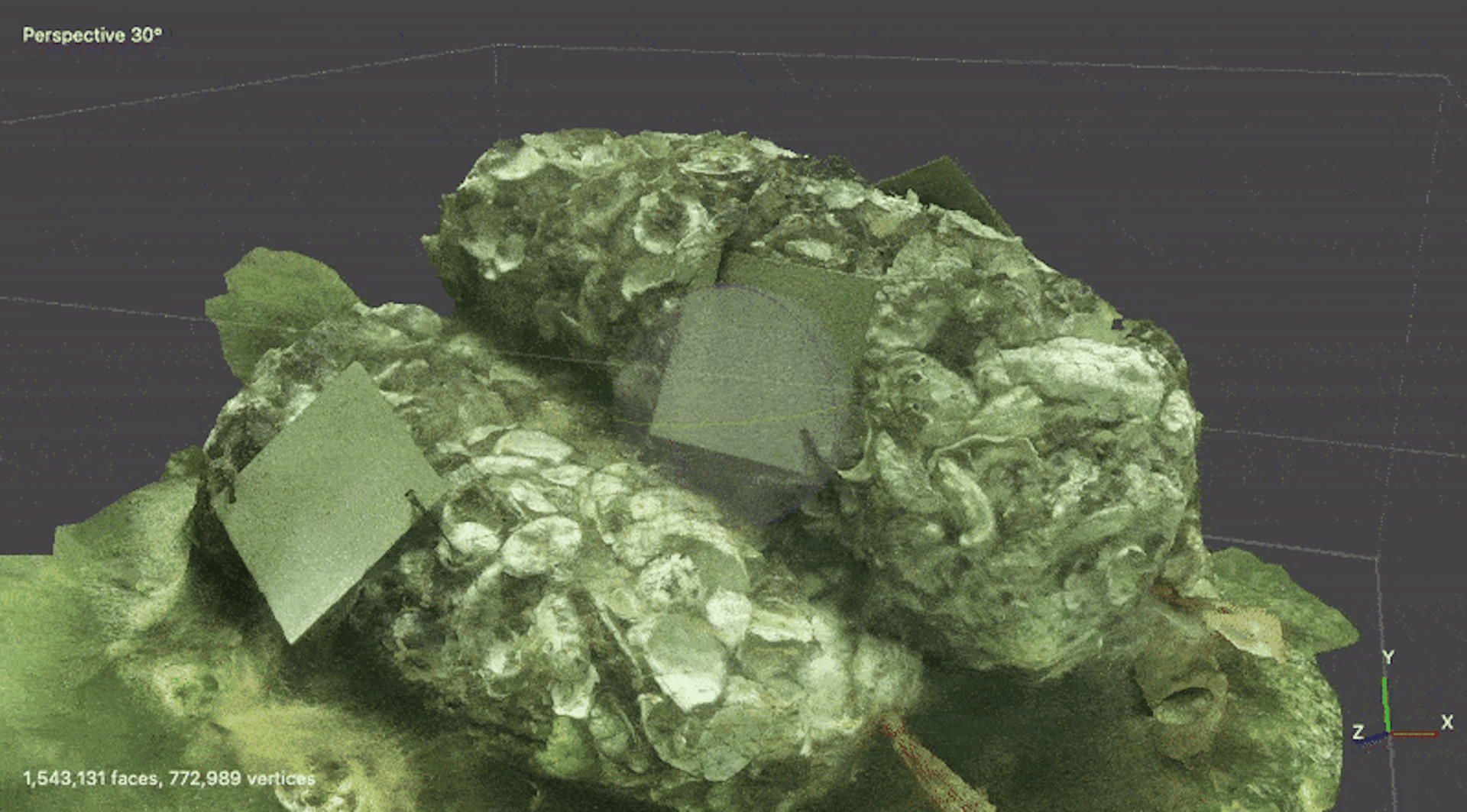 A spinning model of oysters growing on rocks