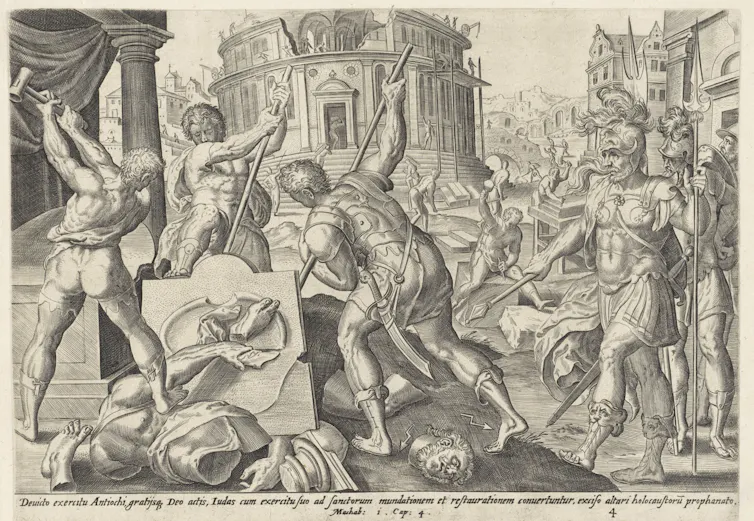 A black-and-white sketch depicts several soldiers destroying statues and other things, while others with stern expressions stand alongside them.