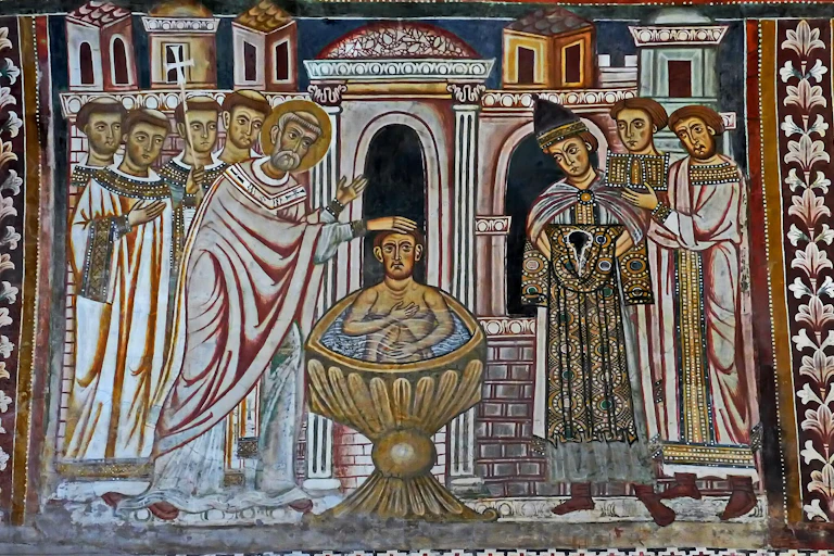 Une mosaïque représentant saint Sylvestre baptisant l’empereur Constantin, dans la basilique romaine des Quatre-Saints-Couronnés.