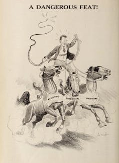 Cartoon of man straddling three different horses and cracking them with a whip.