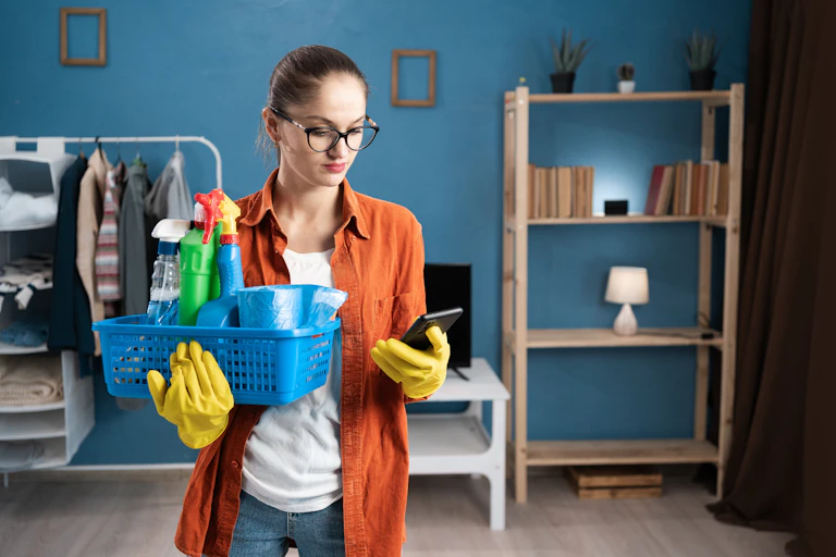 Femme en gants jaunes tenant un panier avec des détergents lisant un message sur un smartphone dans son salon.