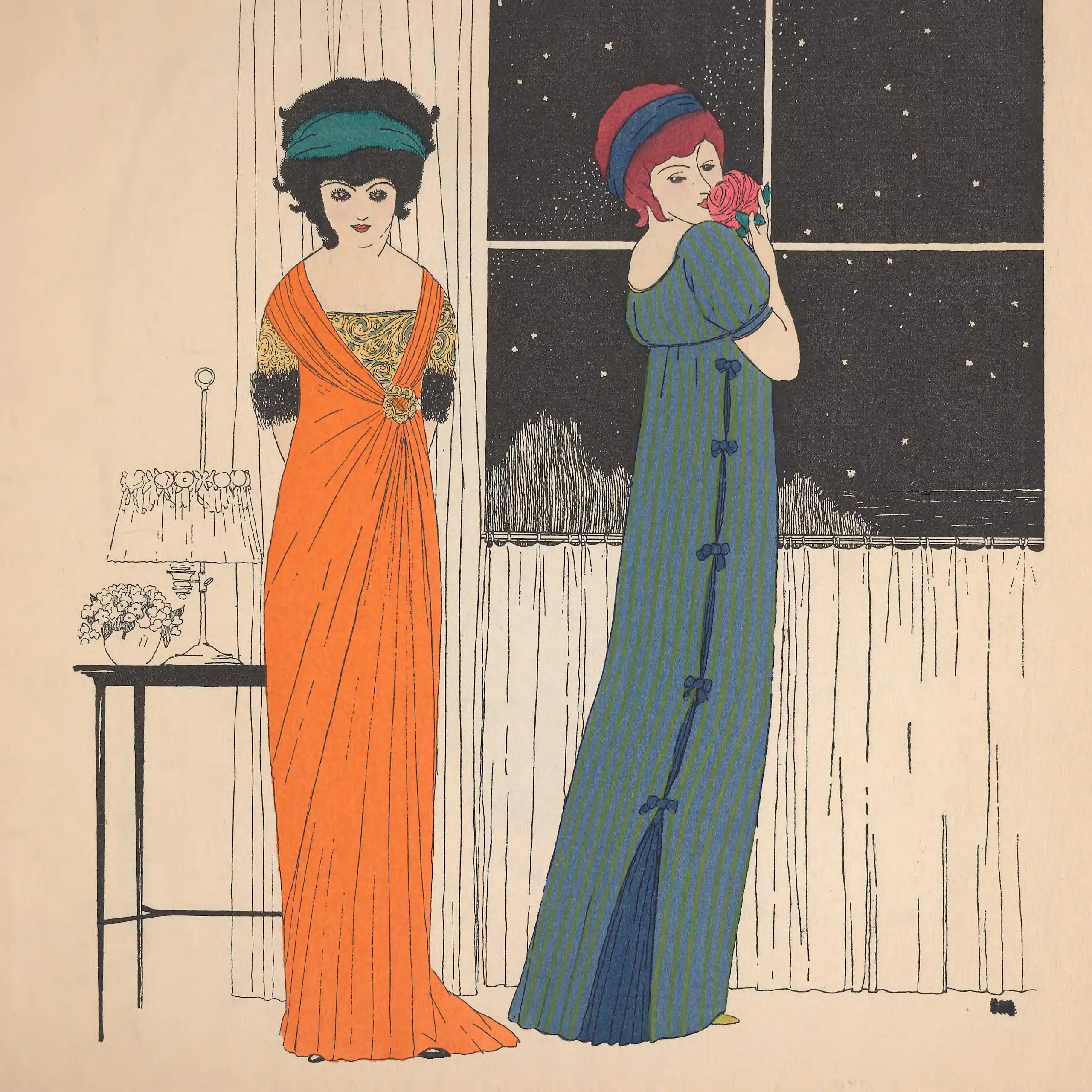 Dibujo de dos mujeres con dos vestidos sofisticados de principios del siglo XX.