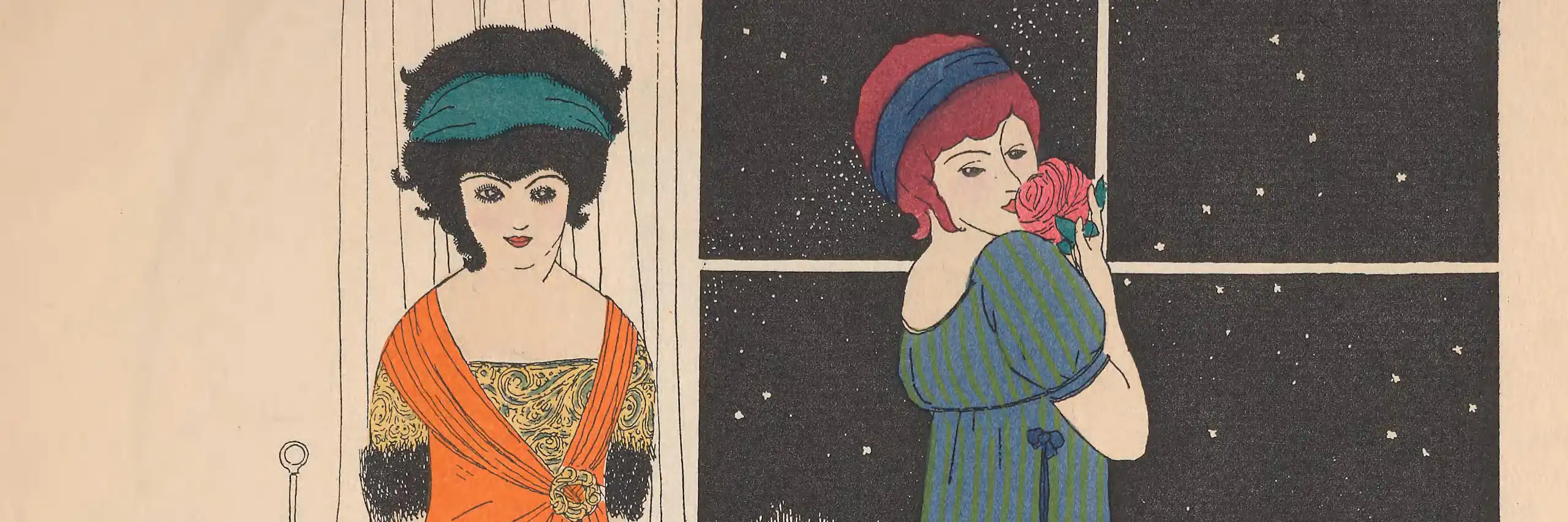 Dibujo de dos mujeres con dos vestidos sofisticados de principios del siglo XX.