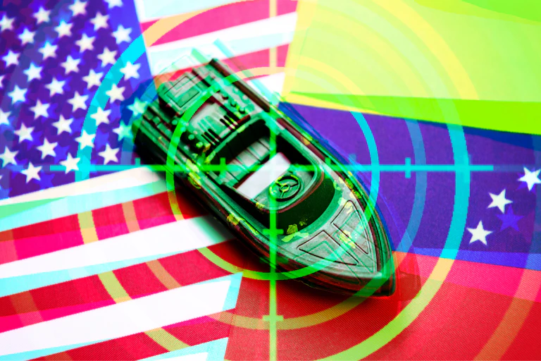 Graphic image with a boat in cross-hairs flanked by the US and Venezuelan flags.