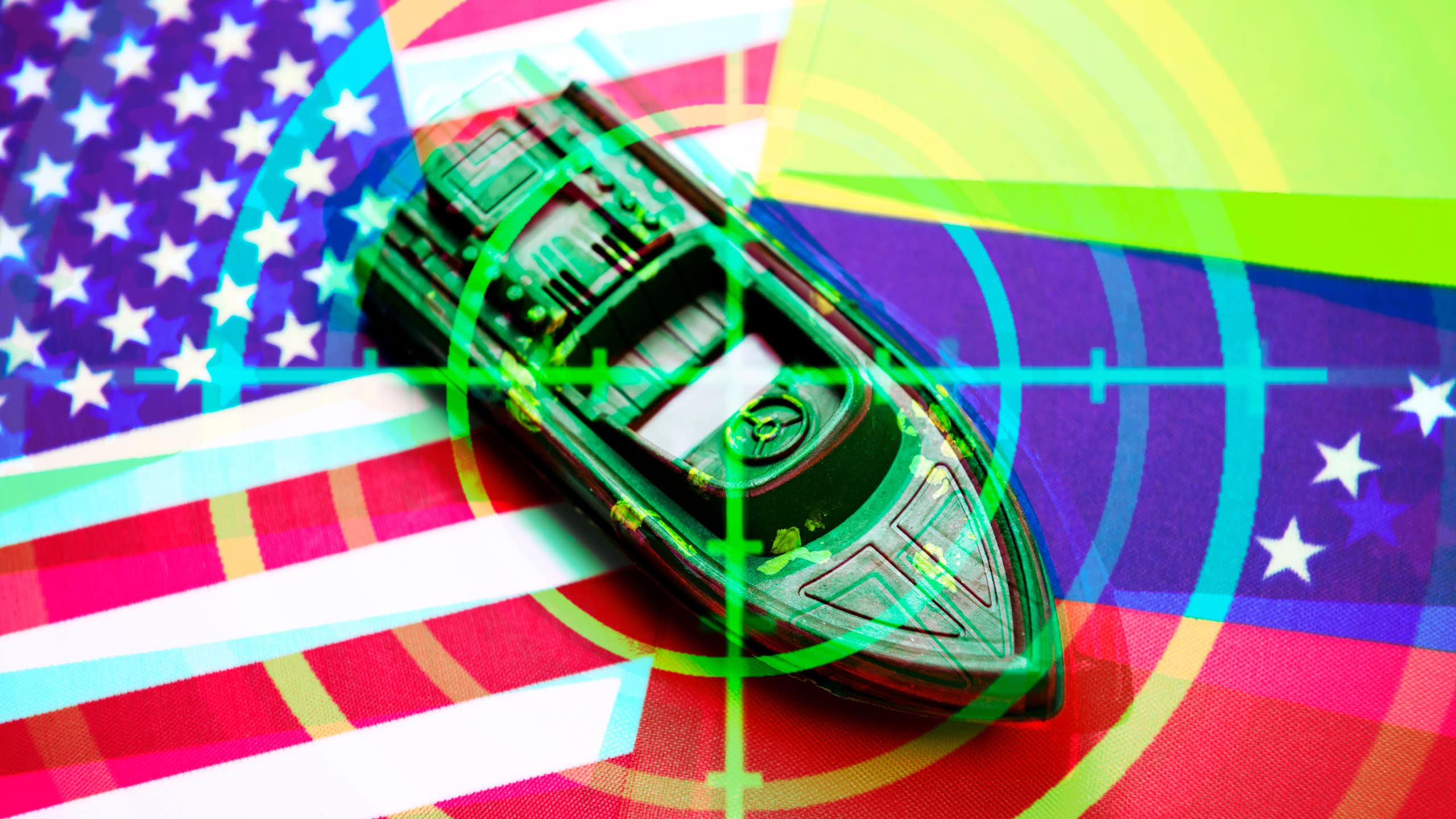 Graphic image with a boat in cross-hairs flanked by the US and Venezuelan flags.