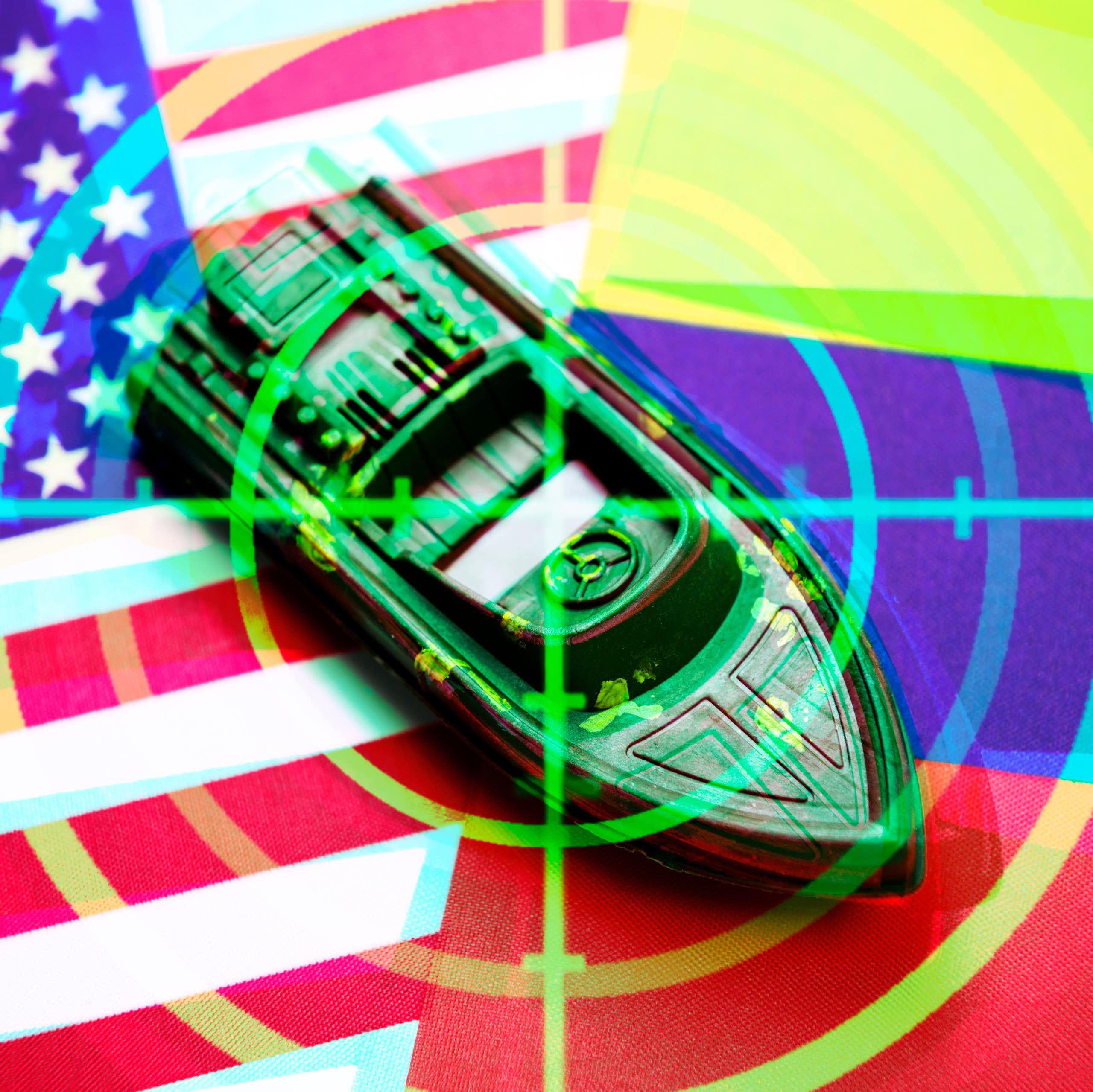 Graphic image with a boat in cross-hairs flanked by the US and Venezuelan flags.