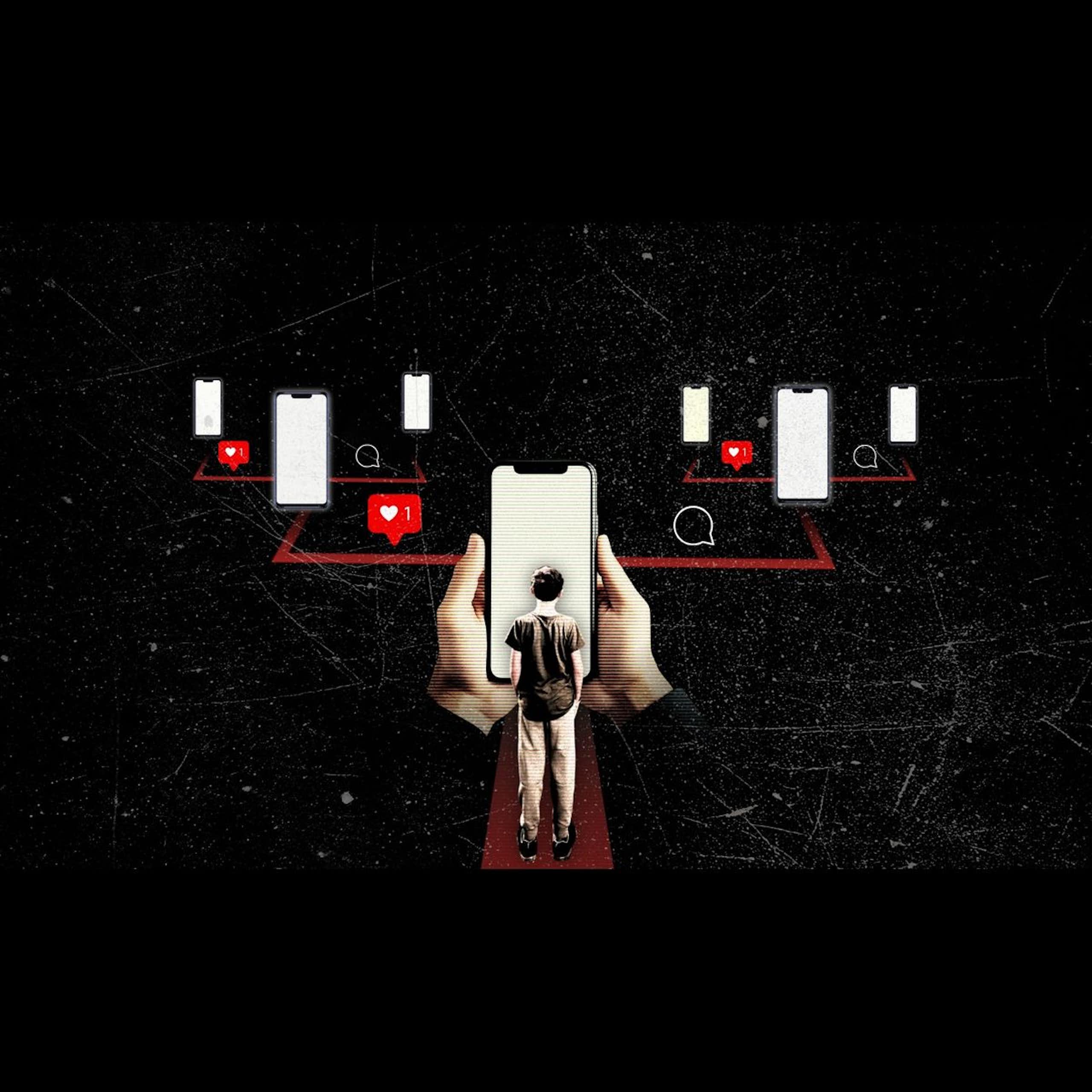 Composite image of a young boy looking at a network of mobile phones and the pipeline between them