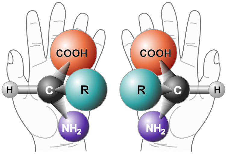 Two hands with two molecules that are mirror images of each other.