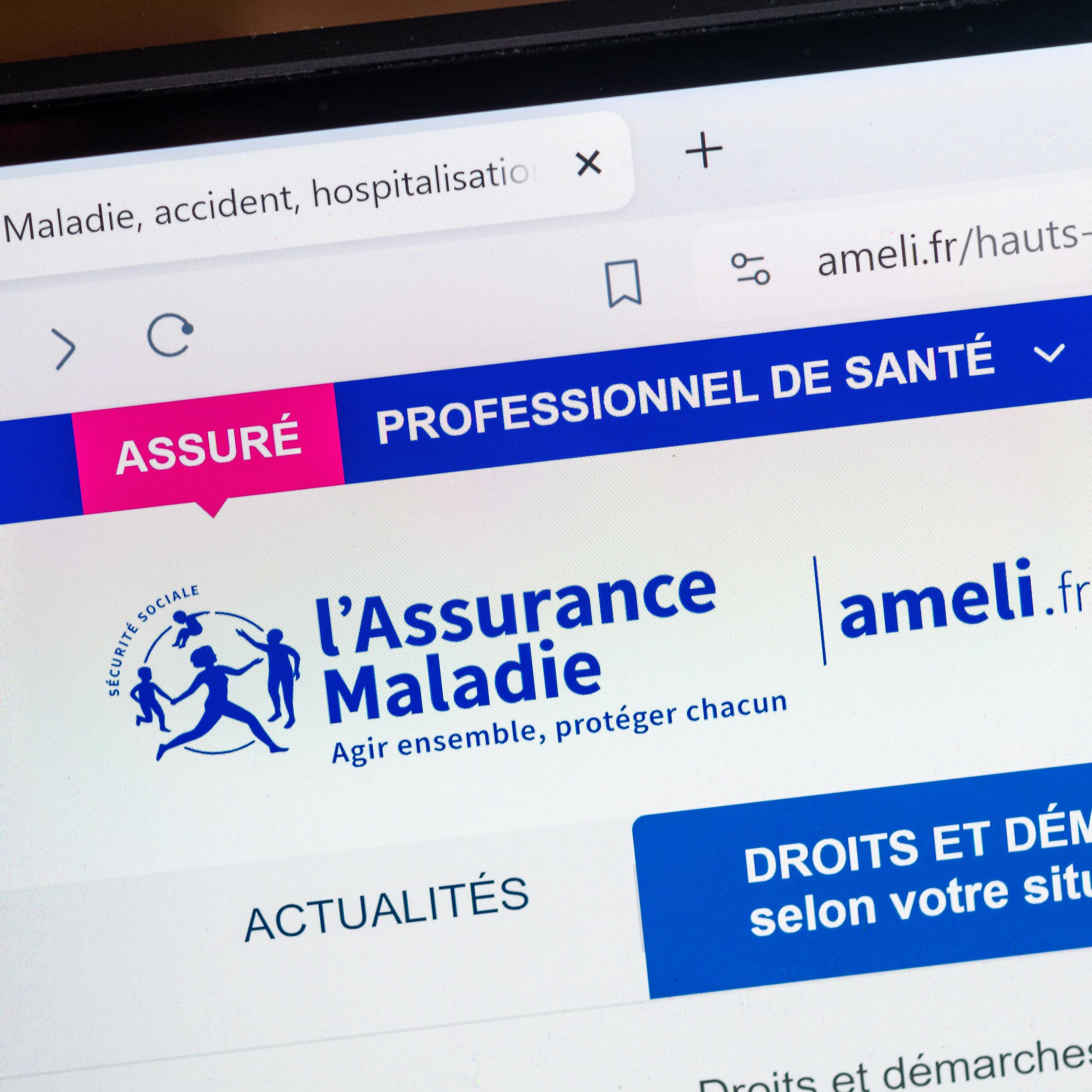 Gros plan sur le site "Ameli.fr" de l'Assurance Maladie française, permettant à la population d'effectuer la plupart des procédures administratives d'assurance maladie en ligne.
