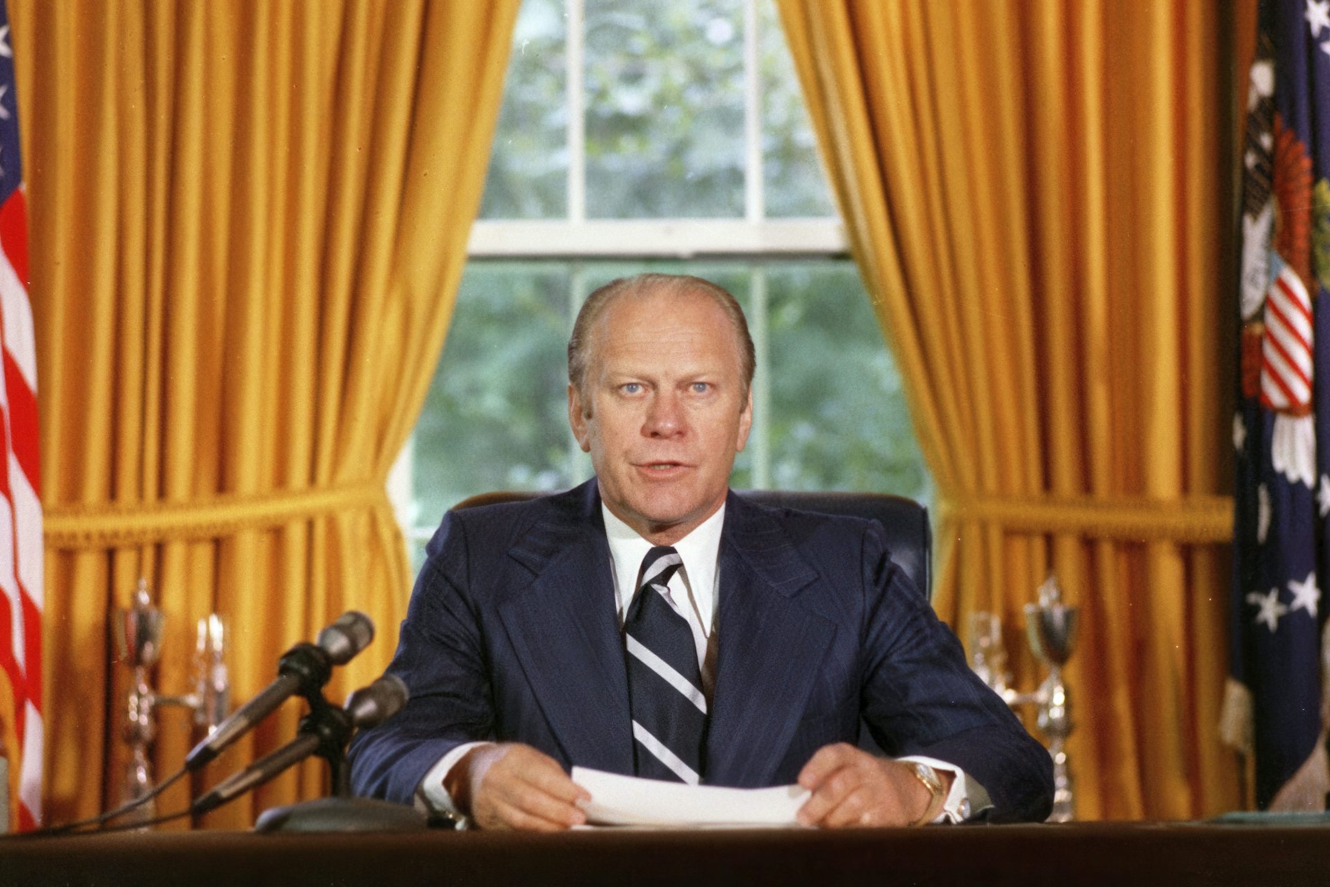 Gerald Ford addresses the nation regarding his pardon of Richard Nixon.