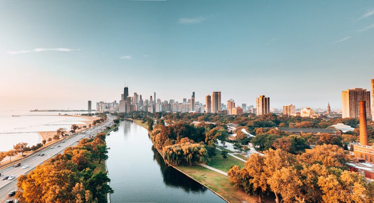 A view of the Chicago skyline and Lake Michigan shoreline,
