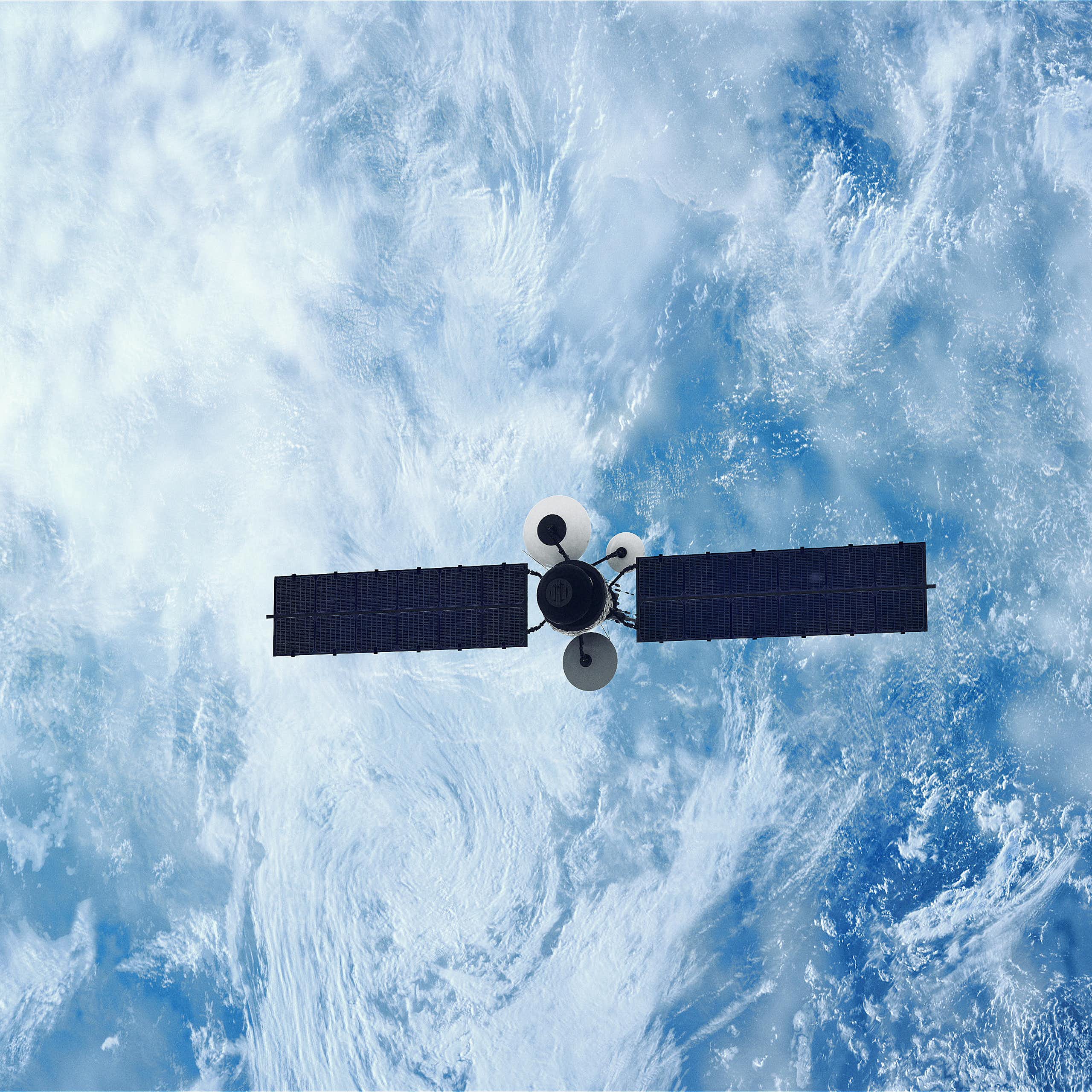 An illustration of a satellite shown above the cloudy surface of Earth
