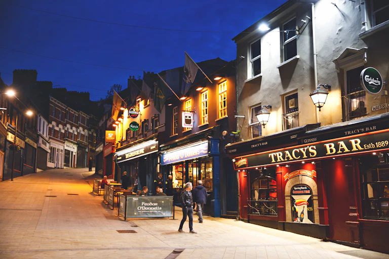 Nighttime view of Derry city centre in Northern Ireland.