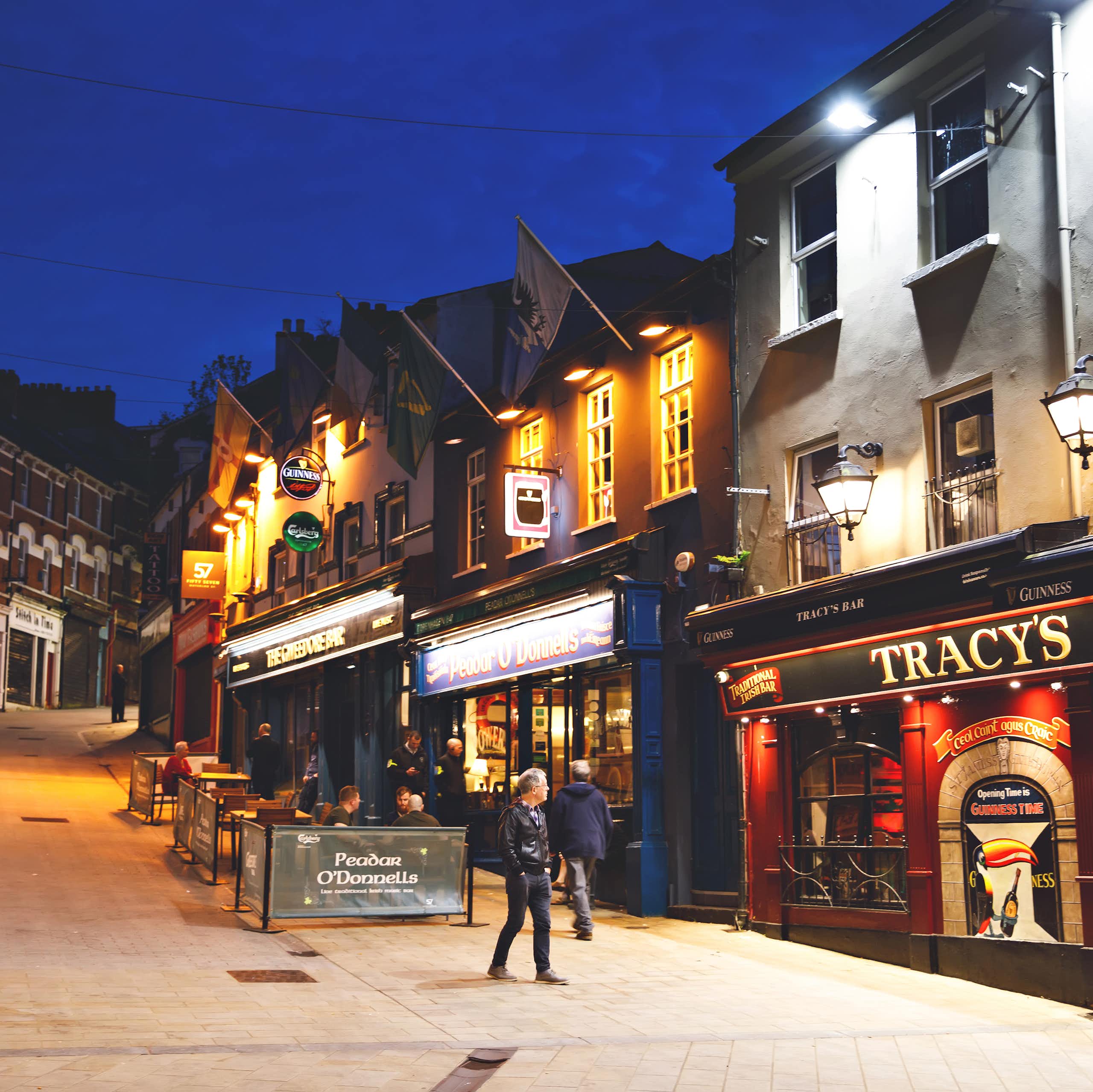 Nighttime view of Derry city centre in Northern Ireland.