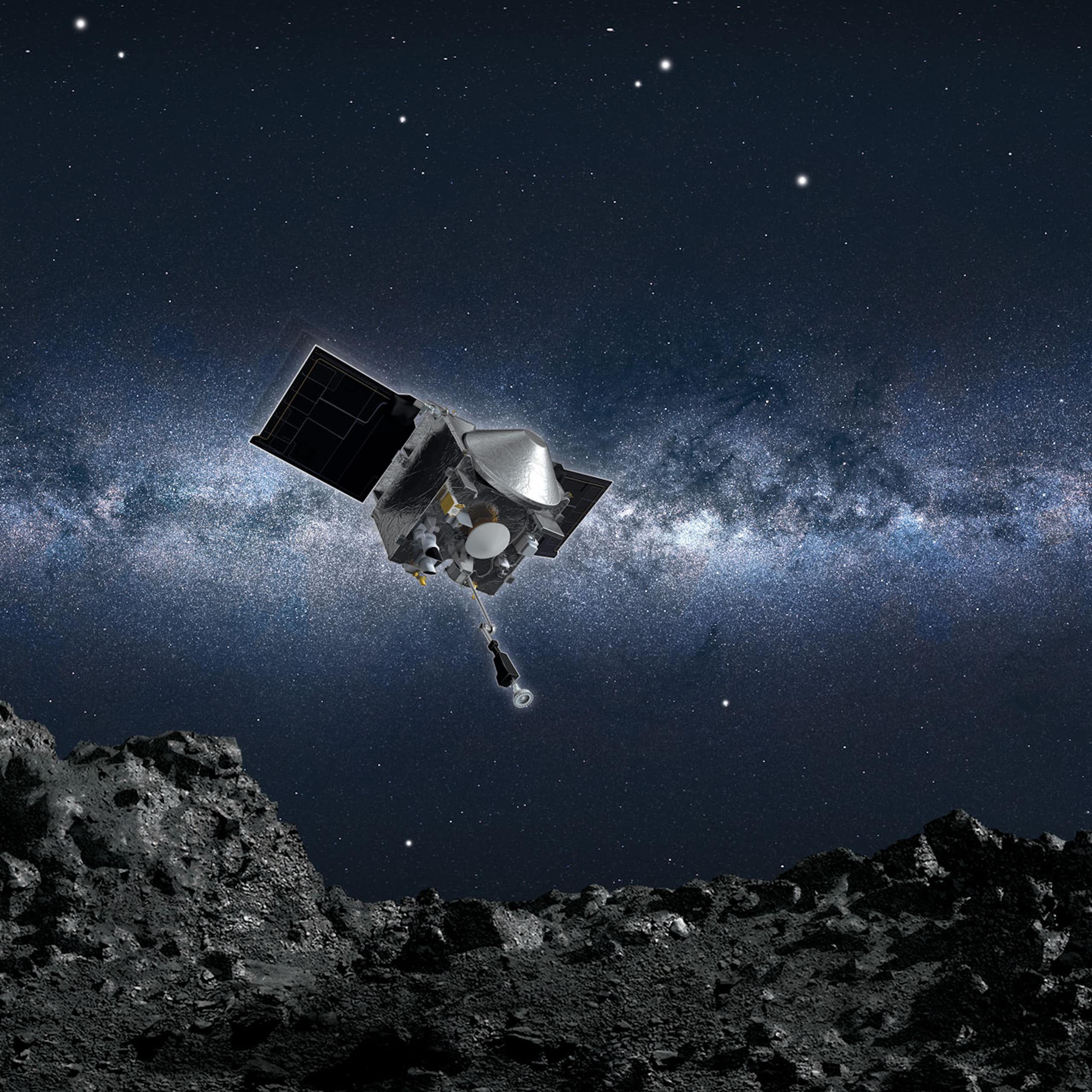 una sonda espacial acercándose a un terreno rocoso de un asteroide, Bennu