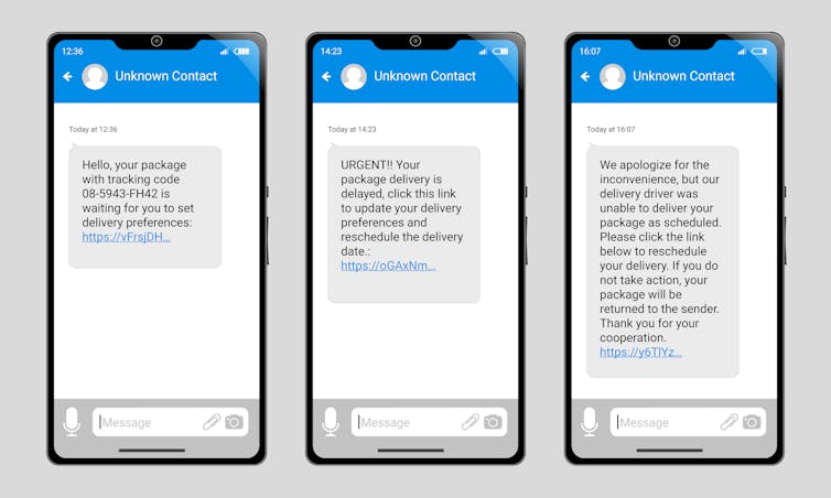Mobile phones showing various examples of package delivery scam texts