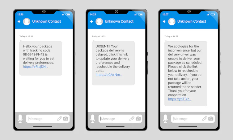 Mobile phones showing various examples of package delivery scam texts
