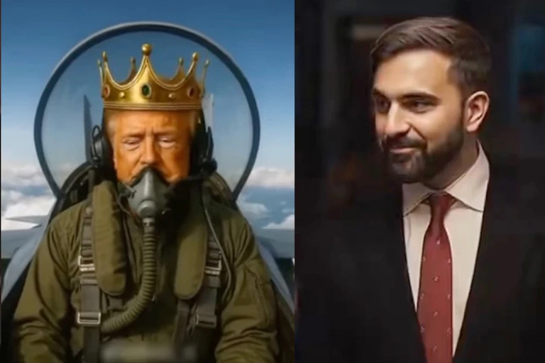 images of three men, two in business suits flanking on in a military pilot's suit and wearing a crown