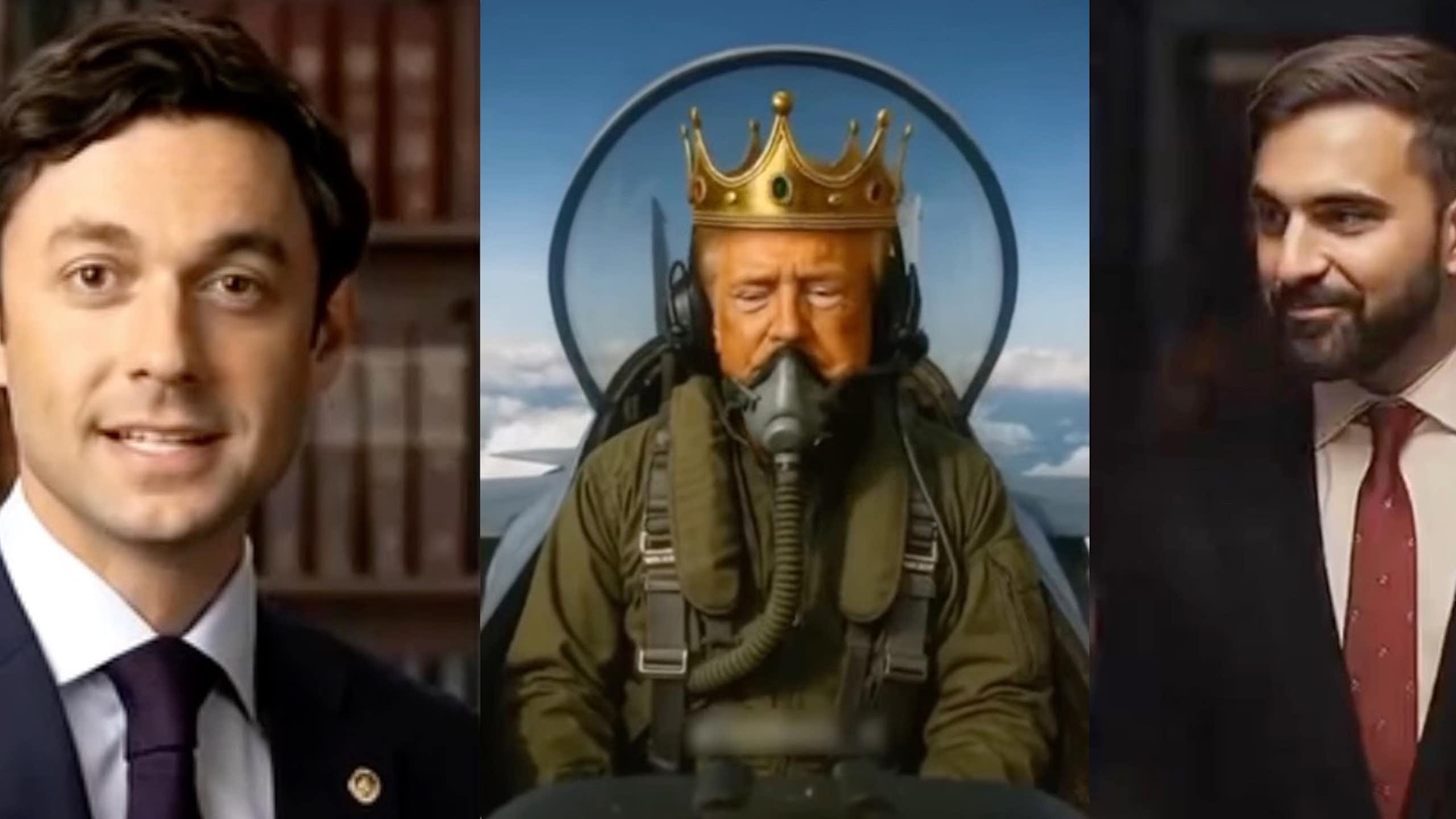 images of three men, two in business suits flanking on in a military pilot's suit and wearing a crown