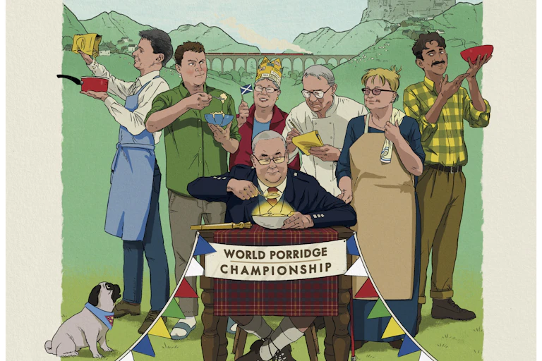 An illustration of a porridge-making contest, with a judge eating porridge at a table in front, and seven contestants standing behind holding various bowls and utensils. A small dog sits to the left side, with rolling green hills in the background.