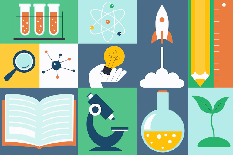 A graphic shows a space shuttle, microscope, beakers, telescope, a plant, pencils and a book.