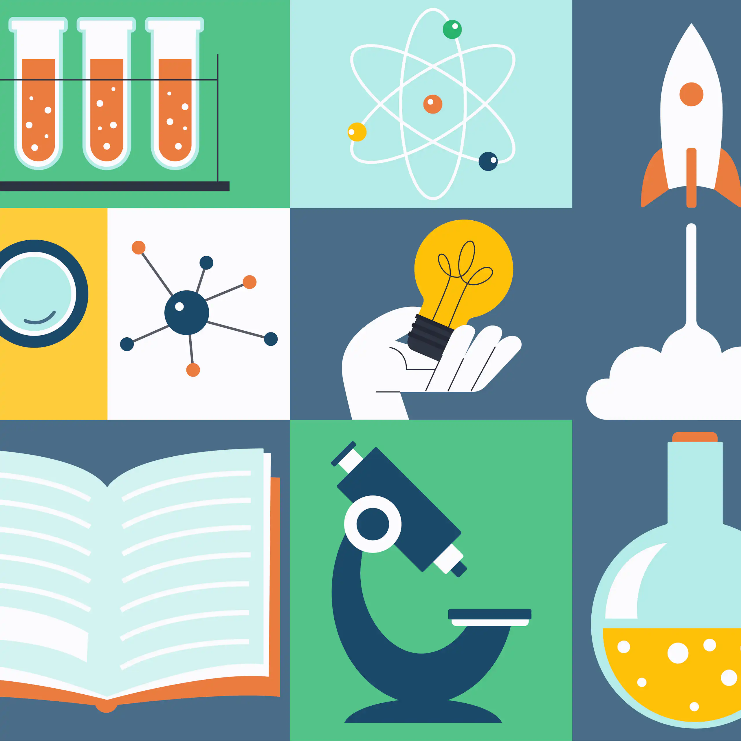 A graphic shows a space shuttle, microscope, beakers, telescope, a plant, pencils and a book.