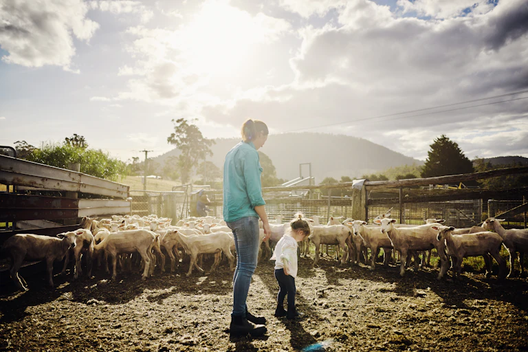 Female farmer and her daughter in a pen with sheep