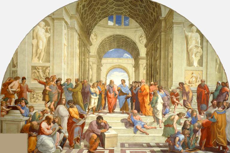 Classical painting of Greek philosophers in a grand building