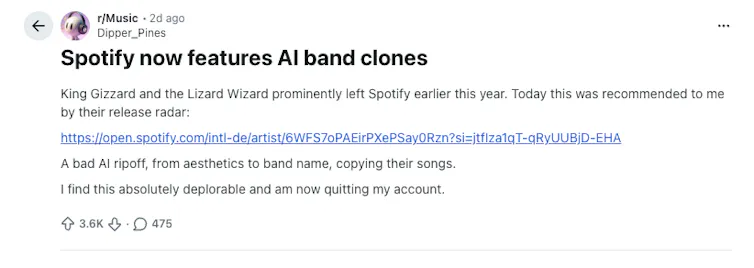 A Reddit post with the title 'Spotify now features AI band clones', with more than 3,000 upvotes.
