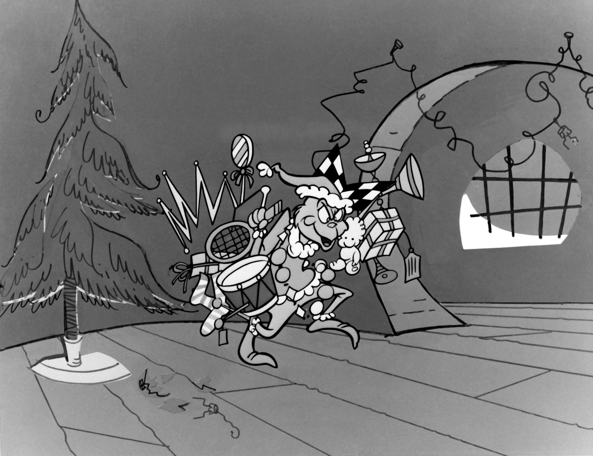 A black-and-white movie still of the Grinch from the 1966 cartoon adaptation, where he's sneaking through a house with stolen presents.