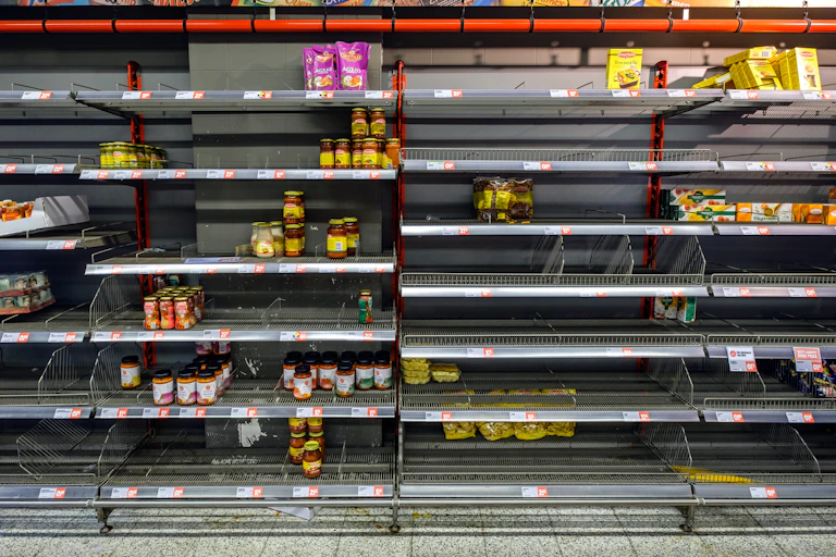 Empty supermarket shelves.