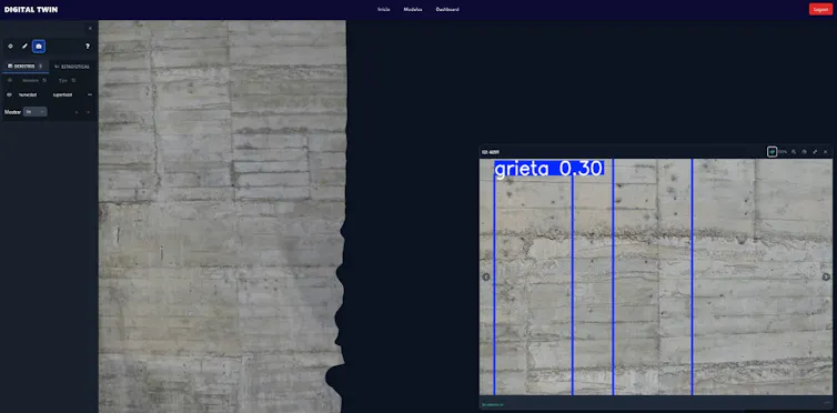 El sistema de IA integrado en el gemelo digital elaborado por la UCJC mostrando la probabilidad de detección de una grieta.