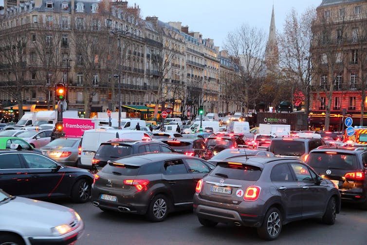 congested traffic around the centre of paris as the result of a transport workers' strike.
