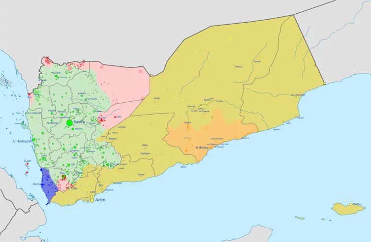 A map showing control of terrain in Yemen.
