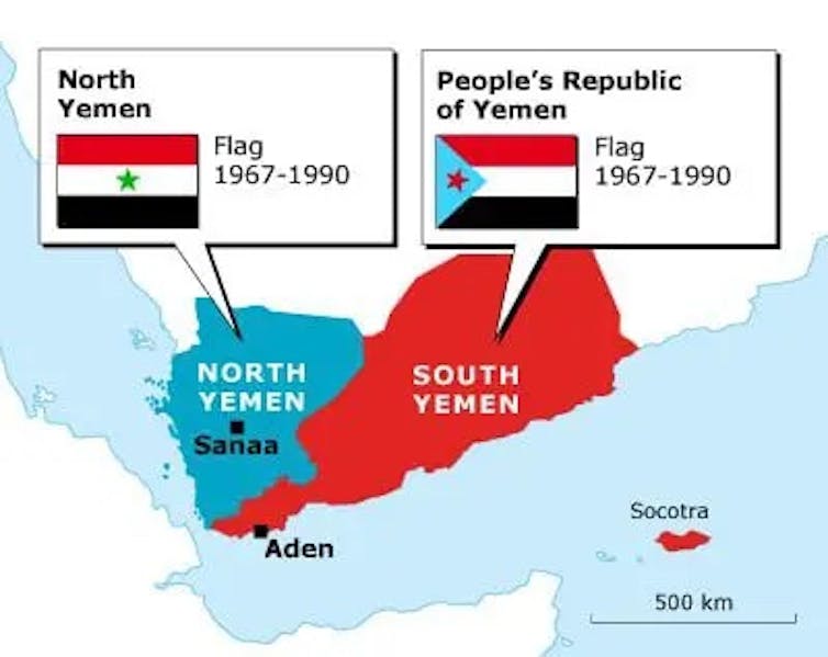 A map showing North Yemen and South Yemen before unification.